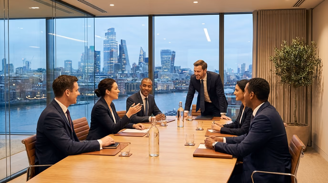 Executivos reunidos em um escritório internacional