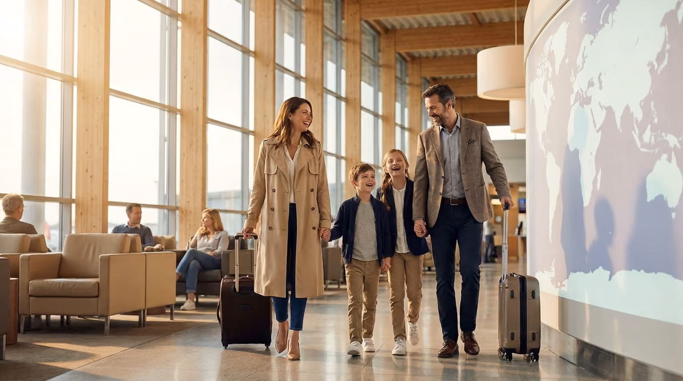 Família caminhando em um terminal internacional