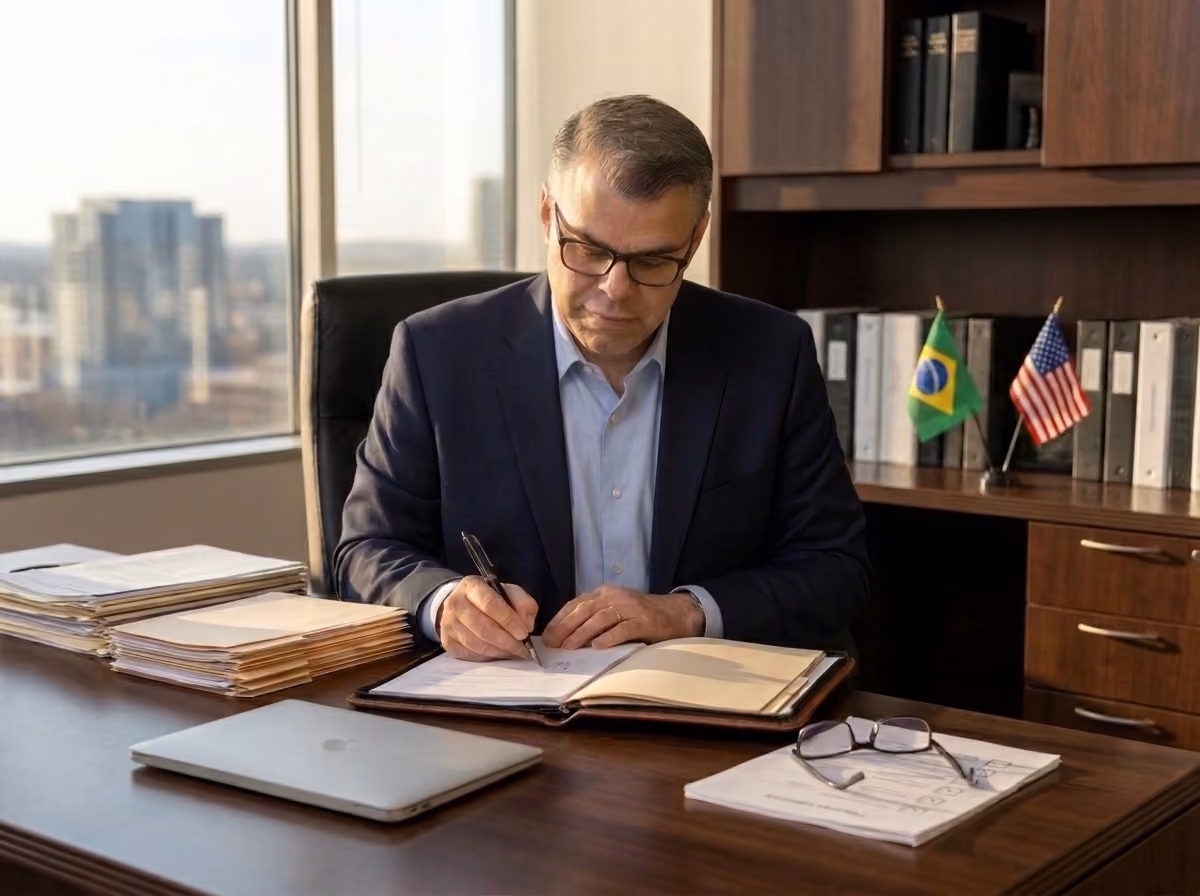 Executivo assinando documentos em sua mesa